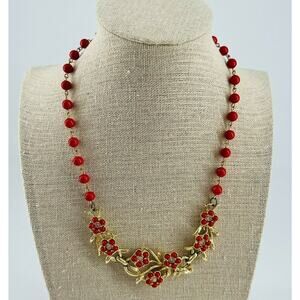 Red and Gold Tone Floral Bib Necklace Rhinestone Flower Centers Red wood beads